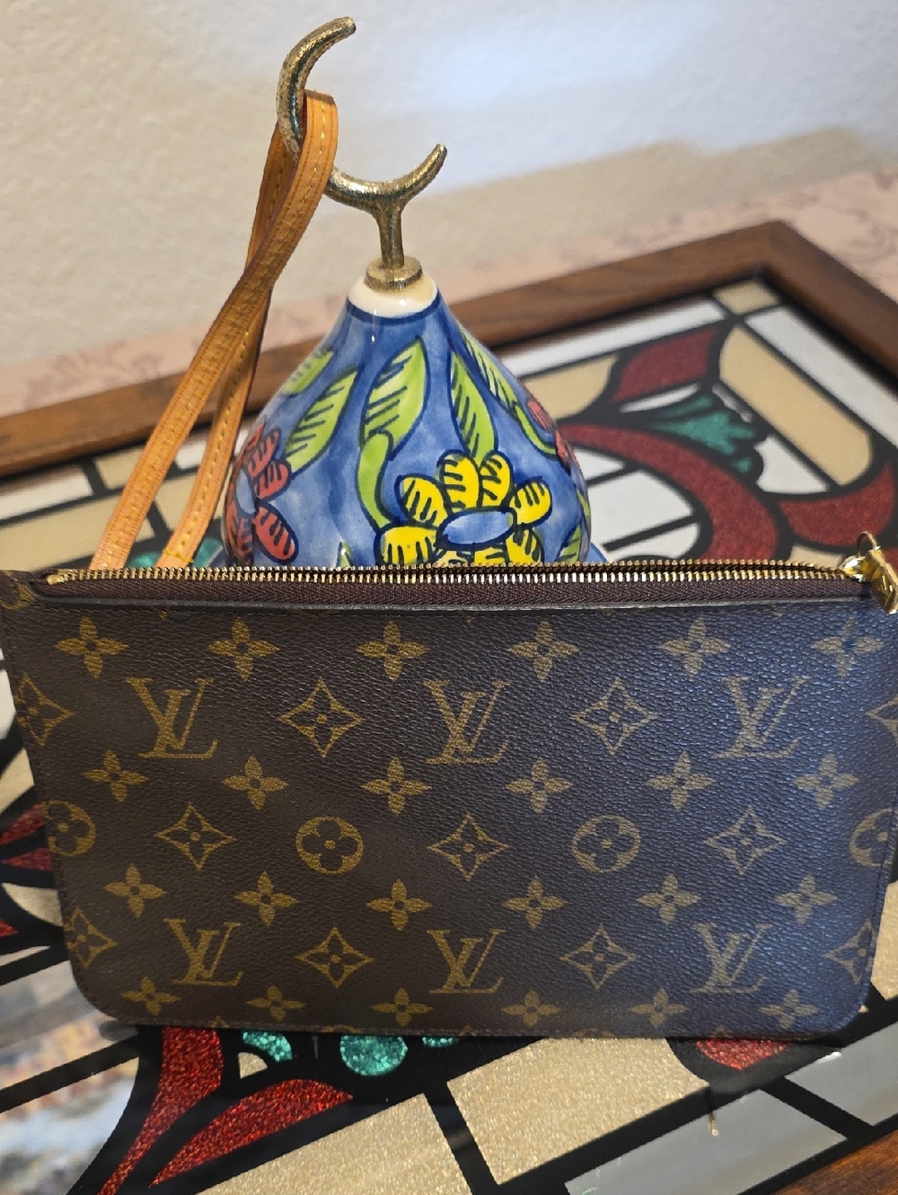 Louis Vuitton Neverfull Monogram Canvas Pochette Wristlet in Brown and Gold